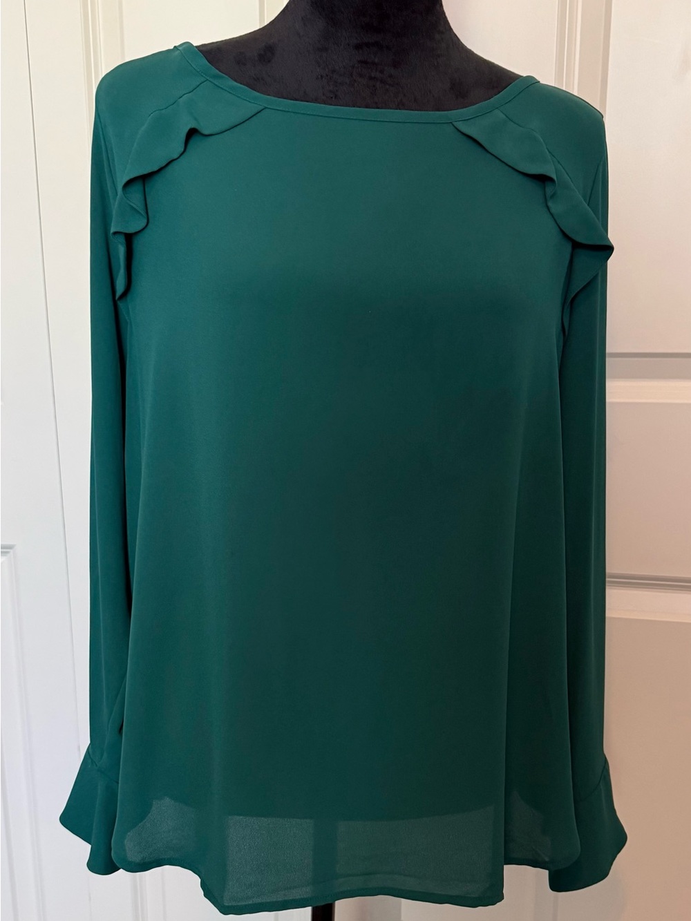Loft Women's Emerald Green Long-Sleeve Ruffle Blouse